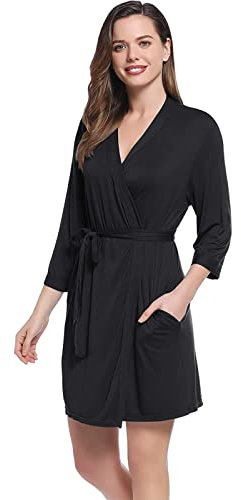 Joyaria Damen Morgenmantel Leicht Sauna Bademantel Kurz mit Kimono-Kragen Viskose aus Bambus Saunamantel Kimono Robe Hausmantel 3/4 Ärmel(Schwarz,M)