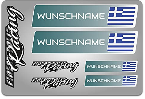 4er Set Aufkleber mit Fahne Flagge und wahlweise Name Sticker für Auto Fahrrad Motorrad Roller Helm im Rallye Racing Design R156 (14 Griechenland, Mit Wunschname)