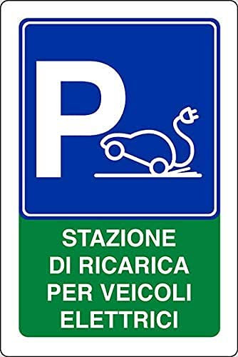 CARTELLO SEGNALETICO - Parcheggio con stazione di ricarica per veicoli elettrici - Con Adesivo in Vinile e Pannello in Forex (Adesivo)