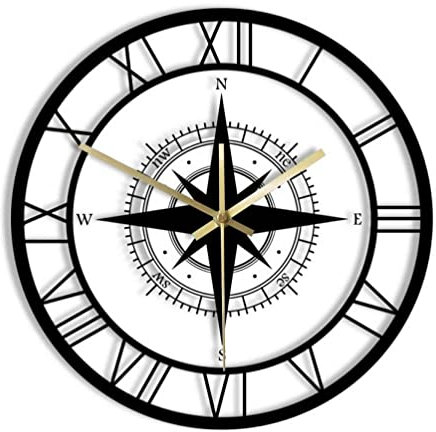 XUSANSHI 30CM Ronde Horloge Rose des Vents Noire Boussole Horloge Murale silencieuse Exclusive Carte de Direction Décoration d'intérieur Nautique Voyageur Design d'intérieur Montre Murale rétro