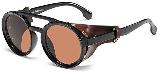 ALJY Sonnenbrille Im Vintage-Steampunk-Stil, Seitenschutzbrille, Polarisierte Sonnenbrille, Retro-Rundbrille, Schutz UV400, Geeignet Für Damen Und Herren (Color : Black Framed Brown Lens)