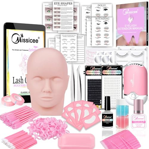 Eyelash Extension Kit, Missicee New Upgrade 328 Piece Set Lash Extension Kit with Mannequin Head 0.3s Fast Dry Glue USB Eyelash Fan Dryer Tweezers Cleaner and Pink Extension Supplies for Beginners