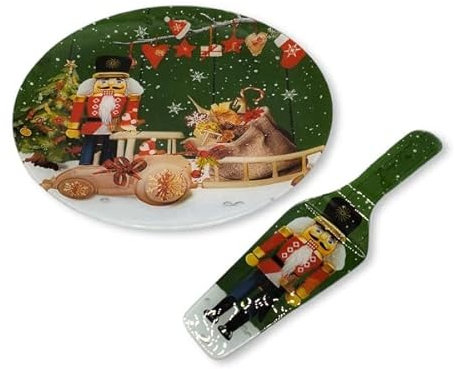 Piatto Porta Panettone Dolci di Natale con Paletta Decorazioni Casa Idea Regalo Centro Tavola Natalizio in Ceramica, Diametro 27 Centimetri, Decoro Schiaccianoci