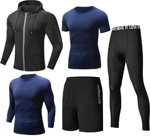 Tancefair 5Pcs Men's Fitness Workout Clothing Running Compression Pants Short/Long Sleeve Shirt Top Jacket Set Suit