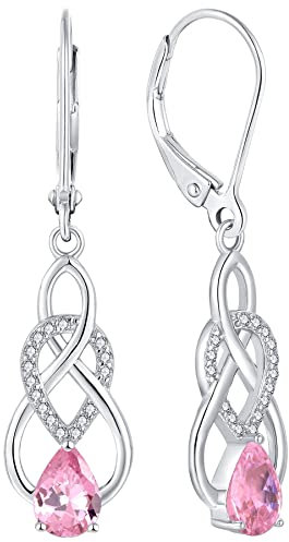 YL Damen Unendlichkeit Keltischer Knoten Tropfen Ohrringe 925 Sterling Silber Oktober Geburtsstein Turmaline Rosa Ohrringe