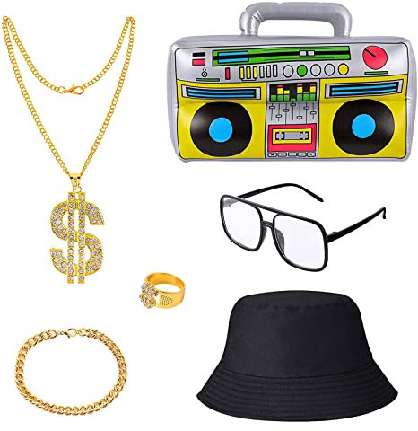 TSHAOUN 6 Stück Hip Hop Kostüm Set, 80/90 Jahre Rapper Zubehör,Bucket Hat, ring,kette,Sonnenbrille Aufblasbare Boombox,Cool Rapper Outfits Kostümzubehör,rapper kostüm For Men And Women (6 Pcs)