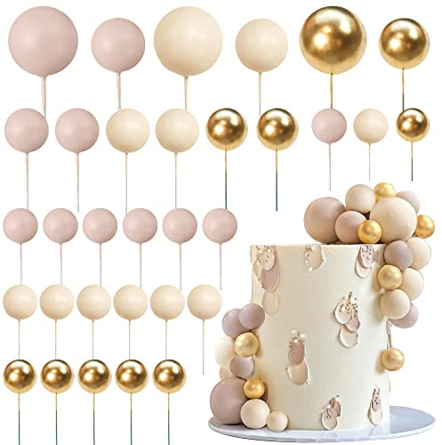 RASSLISA 32 PCS Ball Cake Topper Pearl Balls Cupcake Cake Insert Topper for Birthday Party Wedding Decoration Supplies Apricot Gold Light Brown