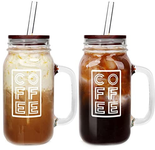 ANOTION Mason Jar Eiskaffeetasse mit Griff, 680 ml, normale Öffnung, Einmachgläser mit Deckel und Strohhalm, wiederverwendbar, Boba-Becher, Flaschen für Reisen, Büro, Zuhause, Weiß