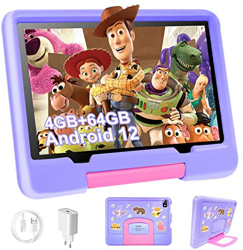 Tablet 10 Pollici Android 12 GMS, Tablet Bambini 4GB RAM 64GB/TF 128GB ROM, Kid Tablet offerte Controllo Parentale, Giochi Educativi, Doppia Fotocamera, Tablet WiFi in Offerta Custodia(viola)
