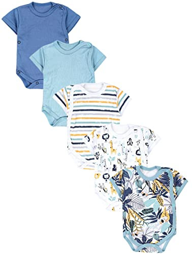TupTam Baby Body Kurzarm Jungen – Wickelbody Kurzarm aus Baumwolle im 5er Set – OEKO-TEX Zertifiziert, Farbe: Koala Safari Streifen Mintgrün Orange Blau, Größe: 62