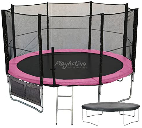 PlayActive 6ft / 8ft / 10ft / 12ft / 14ft / 16ft Kids Trampoline with Safety Enclosure Net, Ladder, Weatherproof Cover, Shoe Bag Included (Pink, 8ft)
