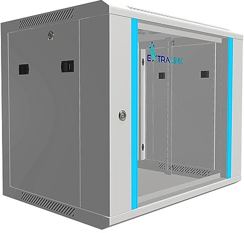EXTRALINK Rack 19 pollici 9U - Armadio rack 600x450 mm, per montaggio a parete o a pavimento, capacità di carico 60 kg, porta in vetro temperato, apertura porta a 180°, grigio