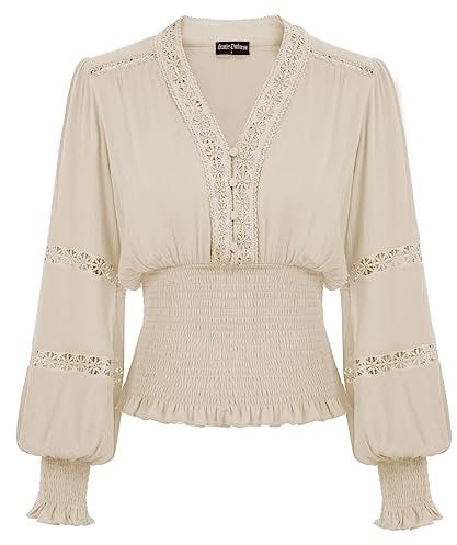 SCARLET DARKNESS Damen Viktorianische Spitzenbluse Elegant Einfarbig V Ausschnitt mit Knöpfen Oberteile Aprikose L