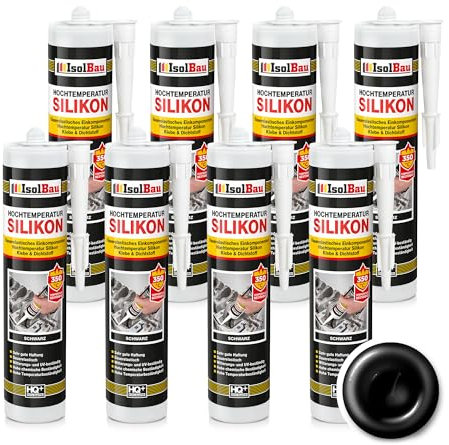 Isolbau Silicone haute température, mastic, mastic, réparation et remplissage de fissures dans les cheminées et les fours, résistant aux températures élevées jusqu'à + 350°C, 8 x 300 ml