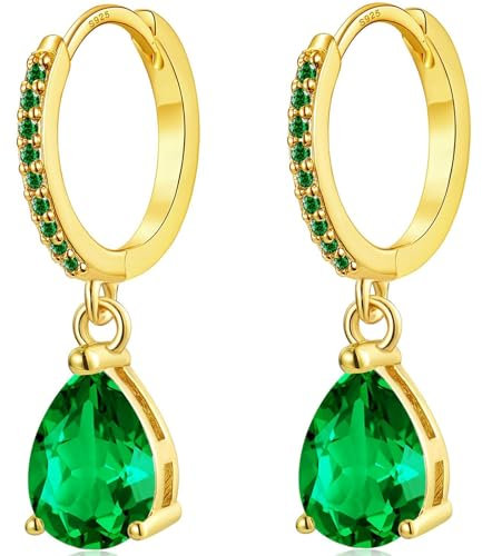 MASOP Creolen Gold mit Anhänger Grün Zirkonia Ohrringe Silber 925 Smaragd Wassertropfen Hängend Vergoldet Schmuck Geschenke für Damen Freundin Frauen Mädchen