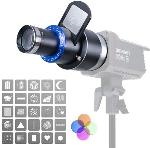 DF DIGITALFOTO Snoot Optique Bowens Monture, 25 gobos, Accessoire de Projection pour Projecteur de Photographie, Compatible avec Aputure Amaran 100X/D 200D/X, Godox SL60 pour Portrait, Focalisable