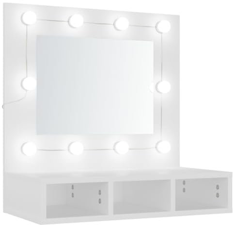vidaXL White LED Mirror Cabinet with Durable Engineered Wood-Tabletop or Wall-Mount Installation- Ample Storage with Open Shelves- Comes with Easy Assembly Manual