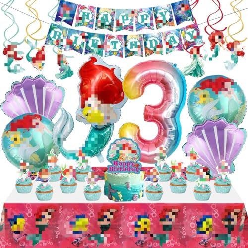 Meerjungfrau Geburtstag Deko 3 Jahre, Meerjungfrau Folienballon, Ariell Geburtstagdeko Luftballon Banner Torte Flagge, Meerjungfrau Kuchen Deko, Meerjungfrau Party Tischdecken für Mädchen