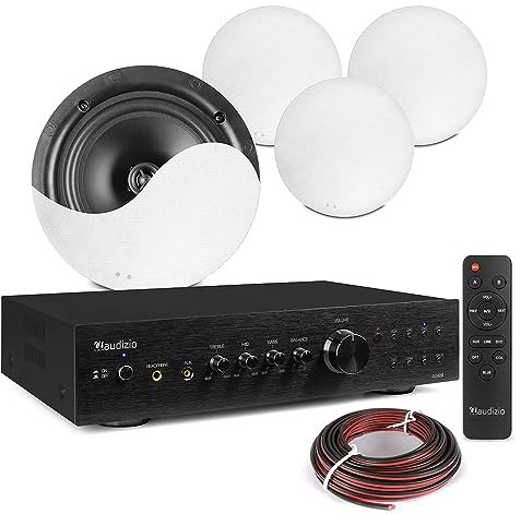 Power Dynamics 2-Zone Multi Room Ceiling Speaker System with Bluetooth - AD420B Amplifier, 4x NCSS8 8-Inch Speakers & Speaker Cable for Home Audio Installation