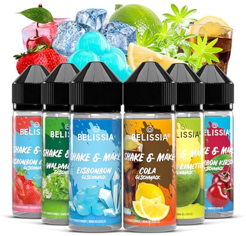 Belissia Shake and Make Set Erfrischung 6x10ml Aroma + Schüttelflasche | Lebensmittelaroma, vegan, ohne Zusatzstoffe, 120ml Flasche, für Backen, Speisen, Getränke, Shakes, DIY und Raumduft