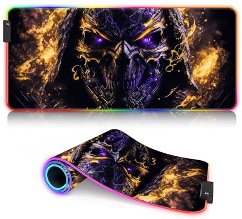 Tapis Souris Jeu LED RGB 14 Modes Lumineux Tapis Souris Jeu Extra Large Tapis antidérapant en Caoutchouc imperméable Grand Clavier et Tapis Souris étendus Squelette en feu 35 x 60 cm