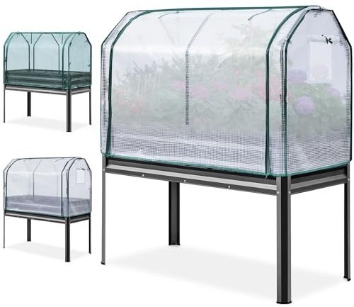KING BIRD Großes Hochbeet mit Abdeckung und Netz, verzinkter erhöhter Pflanzkasten mit Beinen, 121 x 61 x 142 cm, für Hinterhof, Terrasse, Balkon, 180 kg Kapazität, Dunkelgrau