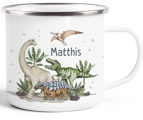 SpecialMe® Kinder-Tasse Emaille Dino mit Namen personalisiert Dinosaurier Namenstasse individuelle Geschenke emaille-weiß-silber standard