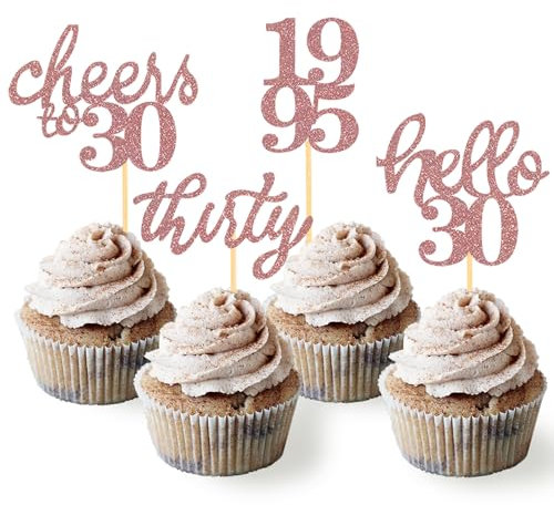 24 PCS Rose Gold Glitter 30th Birthday Cupcake Toppers for Celebrating Thirty Years Old Birthday Party Decorations for 30th Anniversary Party Supplies (Rose Gold)