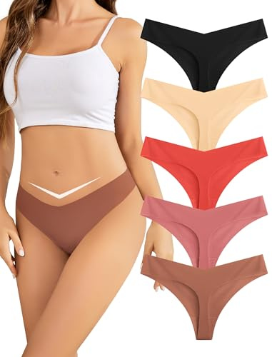 VOENXE Culotte Femme sans Coutures, Invisible String Tanga Taille Basse, Sexy Chic Slip Microfibre Shorty, sous-VêTements Seamless Thong Underwear Women Lot De 5