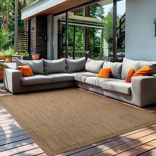 Teppium Modern Outdoor Teppich Wetterfest 300x400 (280 x 370 cm) Braun- Flachgewebe Sisaloptik Balkon Teppich Wasserfest - Waschbarer Teppich für Garten, Terrasse, Camping und Küche