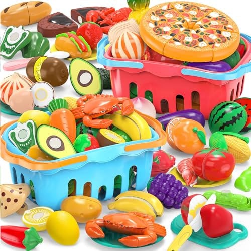 120 Pcs Cutting Play Food Toy for Multiple Kids with 2 Colors Storage Baskets, Kitchen Pretend Food Set for Toddler, Kitchen Toys Accessories, Fake Food/Fruit/Vegetable, Birthday Gifts for Boy Girl