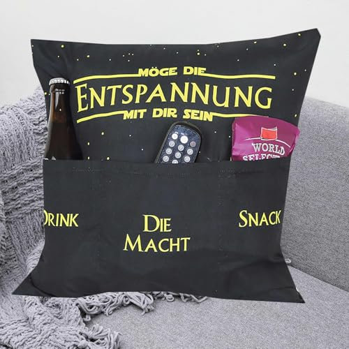 KAMACA Dekokissen mit Spruch Möge die Entspannung ... Zierkissen mit Füllung und 3 Taschen Geschenk Männer Gamer Sofa Couch Chillkissen Vatertag Geburtstag (Möge die Entspannung mit dir Sein A)