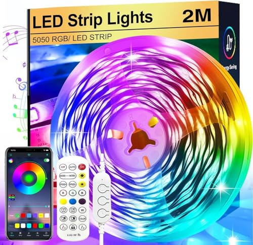 LED-Streifen, 2 m, gesteuert durch Bluetooth-App oder Fernbedienung, Synchronisierung mit Musikrhythmus, RGB LED-Streifen für Haus, Dekoration