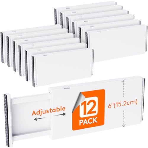 Lifewit 12 Pack Drawer Dividers Plastic 6 High, 13.5-22 Adjustable Drawer Organisers for Clothes, Expandable Dresser Separators in Bedroom/Bathroom/Kitchen/Office Organization and Storage