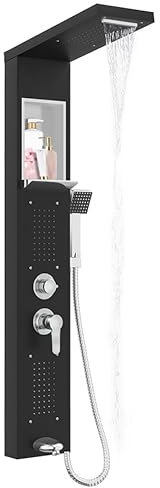Aufun Panneau de douche en acier inoxydable avec étagère et robinet, colonne de douche 5 fonctions, pluie et brouillard, 4 jets de massage réglables, douchette et bec de baignoire cascade, noir