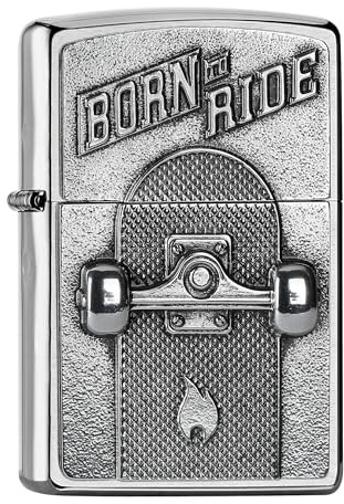 Zippo Sturmfeuerzeug - Skateboard - Emblem - Brushed Chrome - Nachfüllbar - Wiederverwendbar - Windfestes Design - Geschenkbox - Made in USA