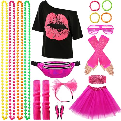 XCMVCN Kit Déguisement Année 80 Accessoire Femme, Disco Costume Vêtements Années 80 Néon Tenu 80s Thème Soirée Carnaval Femme (Couleur rose,XXXL)