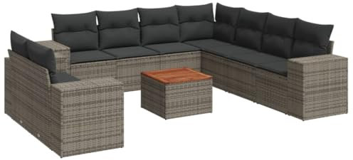 HETFTJN Eckbank Mit Tisch Gartenmöbel Set Lounge Möbel Outdoor Balkonmöbel Kleiner Balkon - 10-TLG. Garten-Sofagarnitur mit Kissen Grau Poly Rattan für Hof Balkon Garten Terrasse