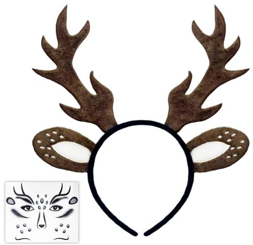 DADAPANGHU Halloween Kostüm Damen Mädchen, Reh Haarreif Damen, Reh Geweih Haarreif + Glitzer Gesichtstattoo Karneval Fasching Mottoparty Cosplay