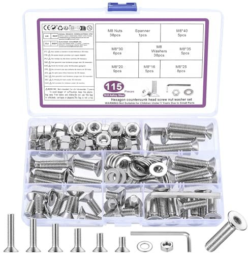 115 Pz M8 Set di Viti, Bulloni e Dadi Set, Viti a Testa Piatta a Testa Esagonale con Esagono Incassato, Vite a Testa Svasata e Dadi e Rondelle, Argento
