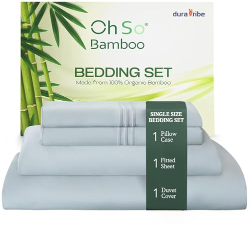 DURA TRIBE Oh So Bamboo Bedding Set 3 Piece Single - Harbour Mist - Hypoallergenic Duvet Cover, Fitted Sheet & Pillowcase Made from 100% Organic Bamboo Viscose Cooling Silky-Soft & Smooth Material