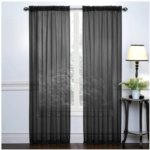 Ingzy Rideau Voilage de Fenêtre Lot de 2, Noir Rideaux Transparent avec Passe Tringle pour Décoration de Maison Salon Chambre Cuisine 2 Panneaux L100 x H200 cm