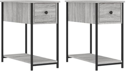 Rustikaler Nachttisch, 2er-Set, mit Schublade und Ablage, kleiner Nachttisch für Schlafzimmer, schmal, Retro-Nachttische für kleine Räume, Grau + Eiche, Nachttisch, Paar