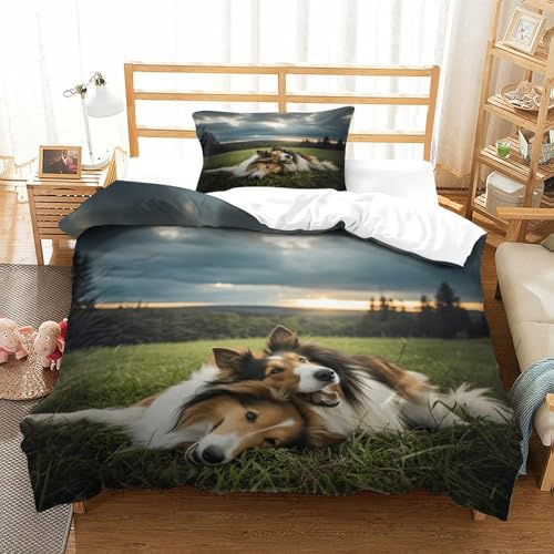 DAFUfbw Schäferhund Bettbezug Satin Bettwäsche Reißverschluss Bed Linen Sets Mit Kissenbezüge: 48 cm X 75 cm Shepherd Dog Bettdeckenbezug Wärme Zum Schlafen Duvet Cover Set Single(135x200cm)