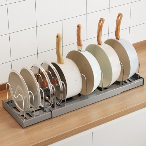 Mustorn Expandable Pan Lid Holder, Anti-scratch Pots and Pans Organiser Retractable Food Container Lid Organisers Pan Organiser for Cupboard with Adjustable 9 Dividers Baking Tray Storage Rack (Gray)