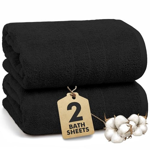 Novo Home Bath Sheets - Extra Large Bathroom Sheet Set – 550 GSM Pack of 2 Jumbo Towels Black (90x180cm) – 100% Ring Spun Cotton Soft Quick Dry Large Bath Towels for Adults Hotel Spa Bathroom Use