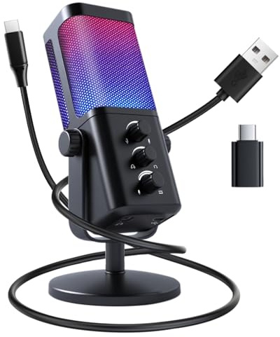 VCOM USB Microphone - RGB Gaming Microphone with Headphone Jack, Mute Button, Gain Control, Noise Cancelling, Mic for PC, Gaming, Streaming, Podcast, VoiceOver, Recording