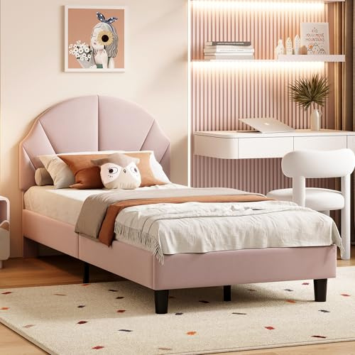 TIMORWTF Lit Enfant 90x200 cm,Lit Fille Princesse avec Tête de Lits Réglable et sommier à Lattes, lit 1 Personne Rembourré pour Enfants et Adolescents, Velours, Rose