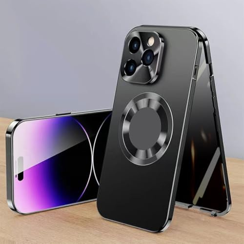 Cubiccredit Phone Case for iPhone 16/15/14/13/12 Promax, Double-Sided Magnetic Anti-Peep Glass Phone Case, Electroplated Fully Enclosed Glass Buckle Design (Black,15)
