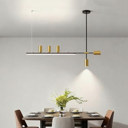 Lámparas colgantes modernas LED para comedor en negro y dorado Lámpara minimalista regulable con 5 focos Lámpara lineal ajustable para colgar del techo, ideal para islas de cocina y salones(120cm)